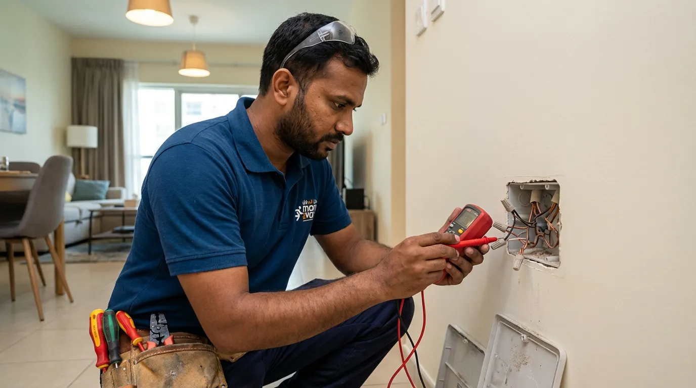 Electrical Services Certified electrician inspecting a circuit breaker panel