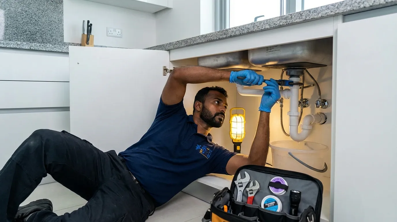 Plumbing Maintenance Plumber repairing pipes under a kitchen sink
