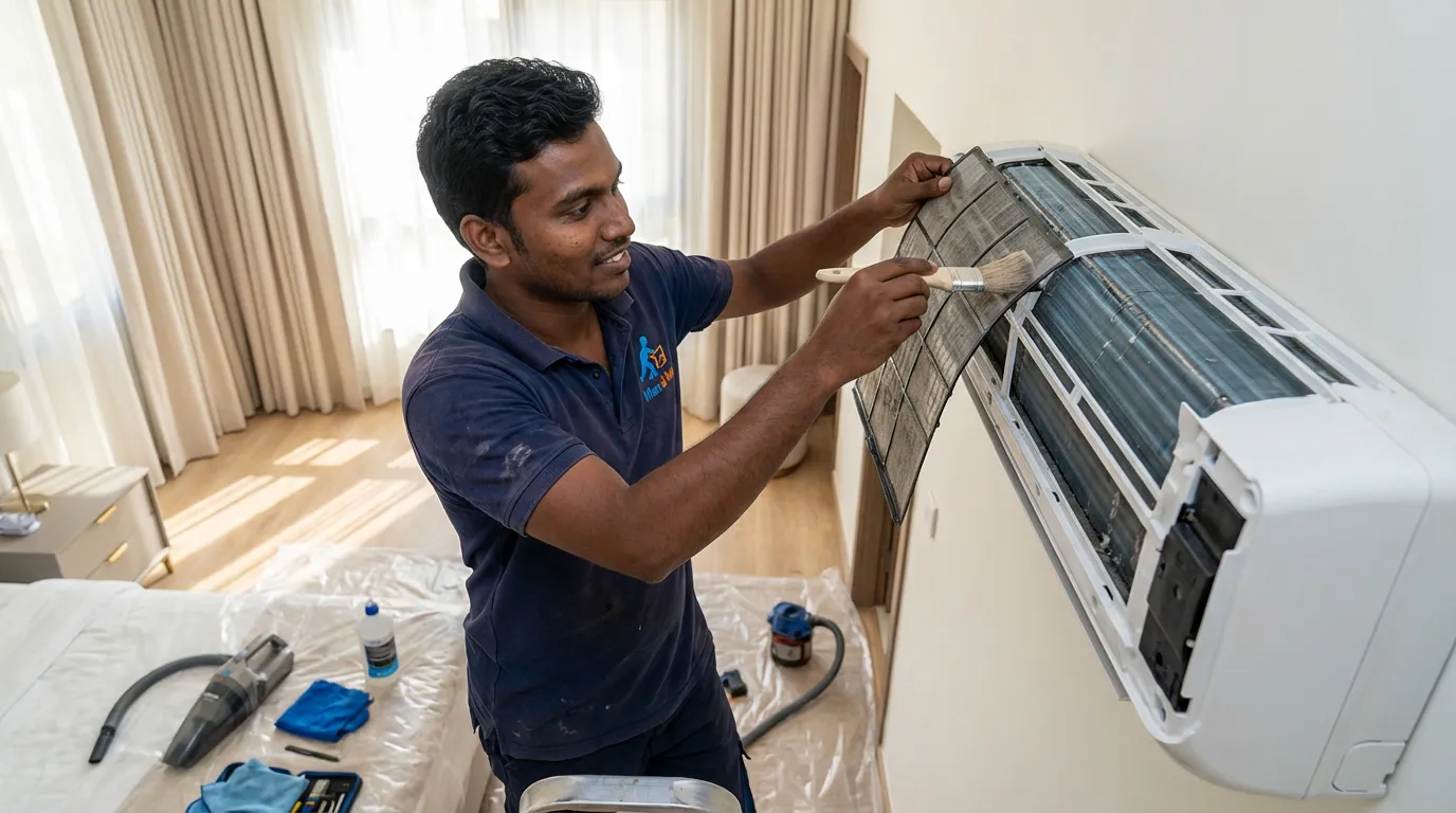 AC Maintenance AC maintenance technician servicing a split unit